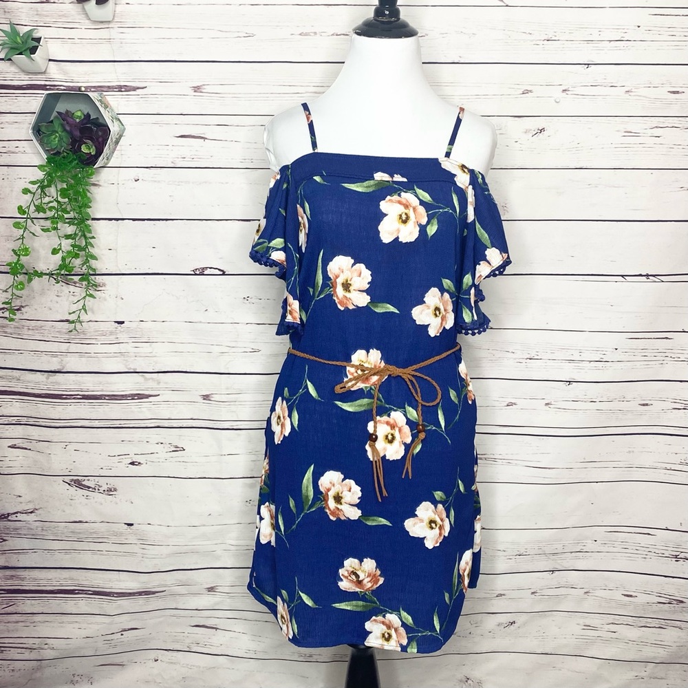 Haute Monde Blue Floral Off Shoulder Dress Size Small Summer Casual Boho Chic